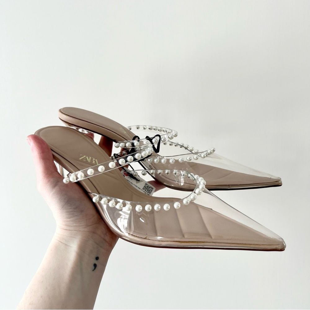 Zara Clear PVC Pointed Toe Mules with Pearl Straps - Nude Insole